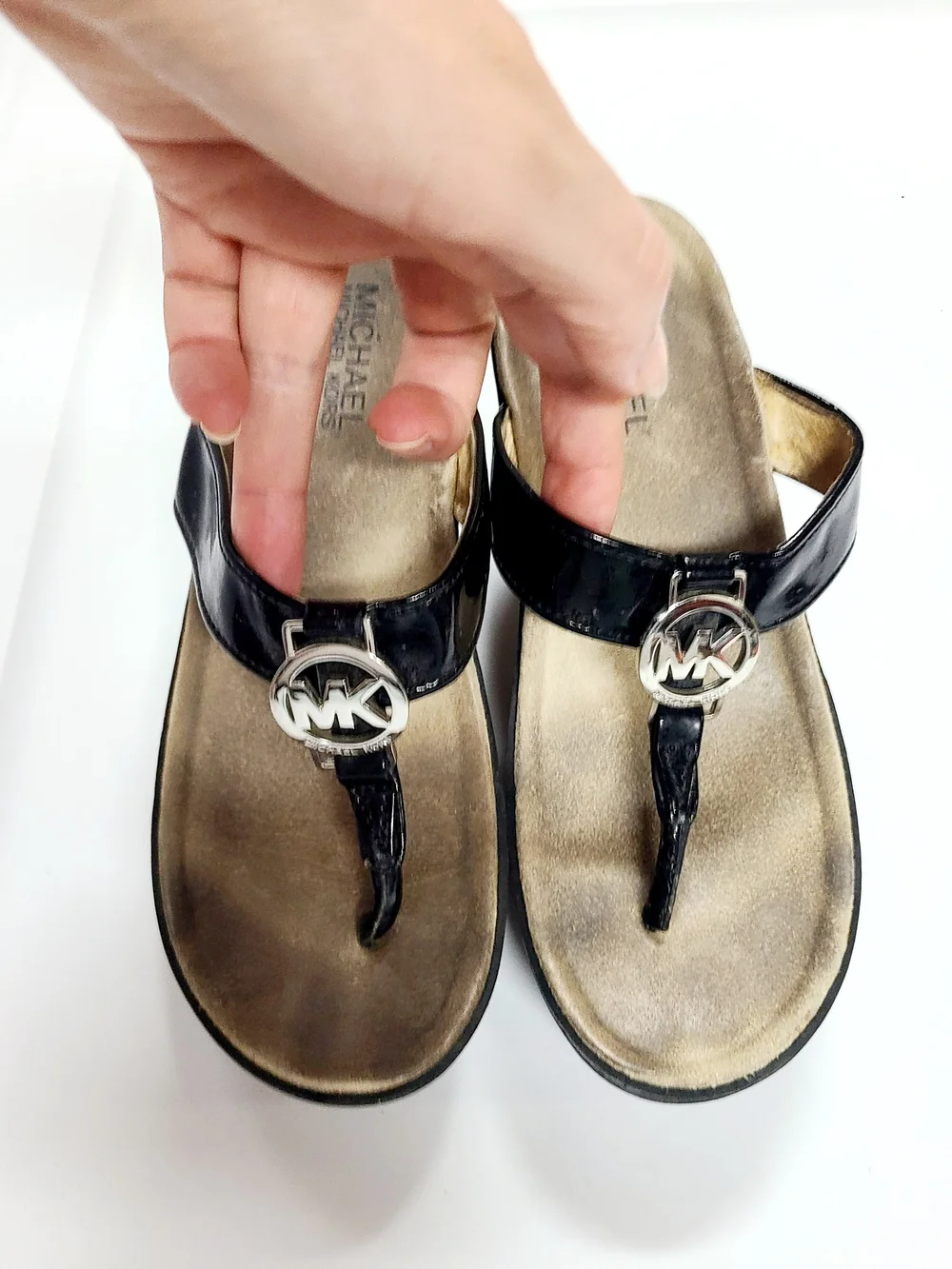 Michael Kors MK Designer Patent Black Wedge Thong Platform Sandals 6